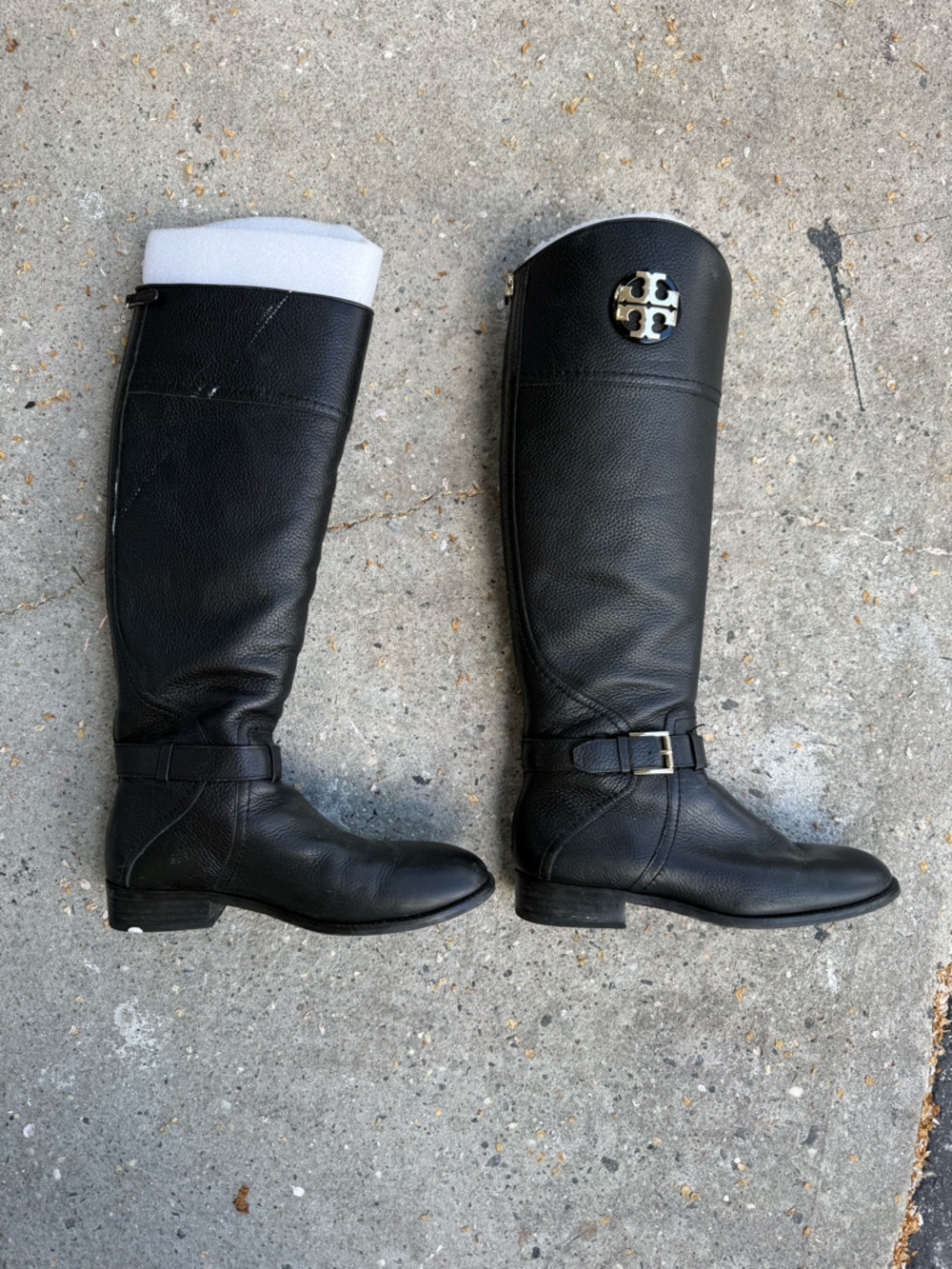 Tory Burch Black Leather Tall Riding Boots with Logo Medallion